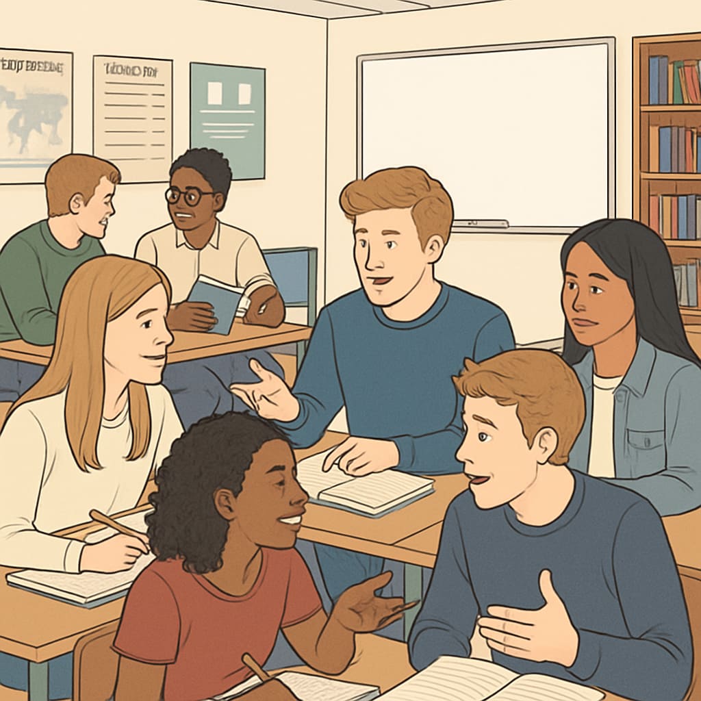 A group of UK students in a classroom discussing their chosen A Level subjects, showcasing engagement and collaboration. UK students discussing A Level subjects in a classroom