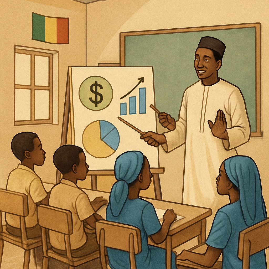 Students in Mali learning financial literacy concepts in a classroom setting. The image could show a teacher explaining financial concepts to young students using visual aids like charts or graphs. Financial literacy classroom in Mali