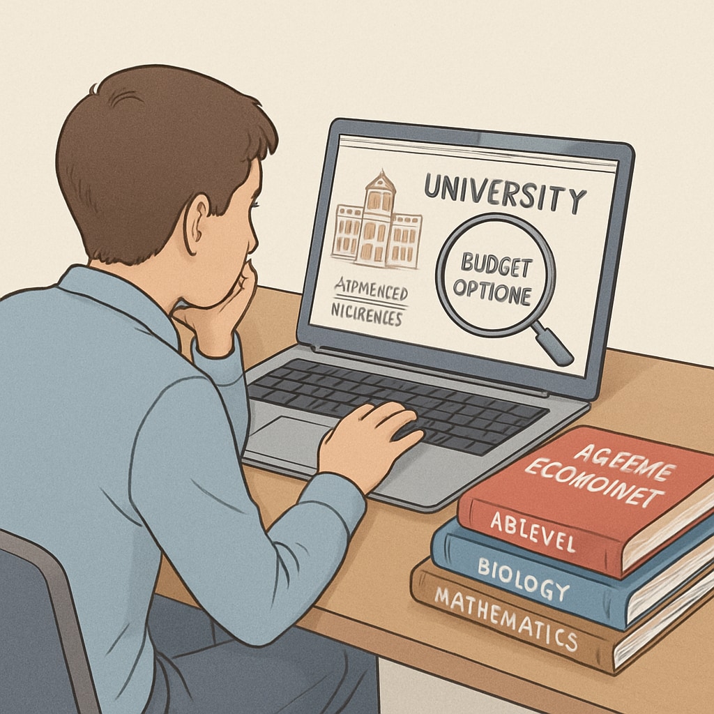 Student researching affordable universities with AS-Level results and budget constraints.