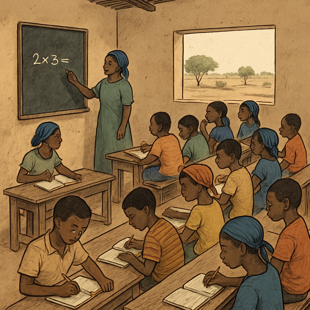 Students in a rural Mali school studying with limited resources. The image should depict a classroom with basic facilities, highlighting the challenges faced in these regions. Rural Mali school with limited educational resources