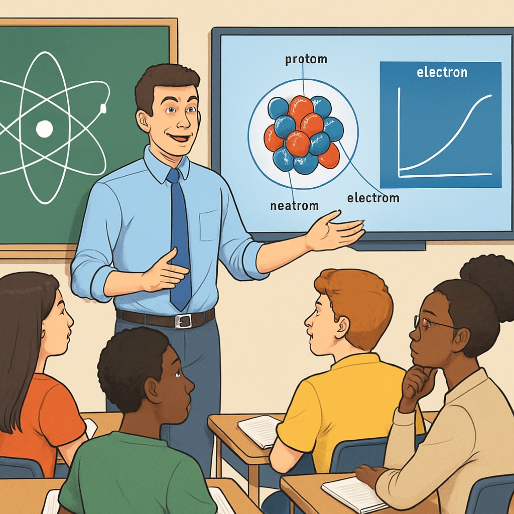 A high school science teacher using visual aids and multimedia to explain a concept to a diverse group of students. High school science teacher using visuals to support English learners.