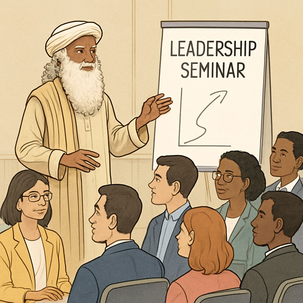 Sadhguru addressing a diverse audience during a leadership seminar, showcasing his teachings on resilience and communication. Sadhguru teaching leadership concepts to a diverse audience.