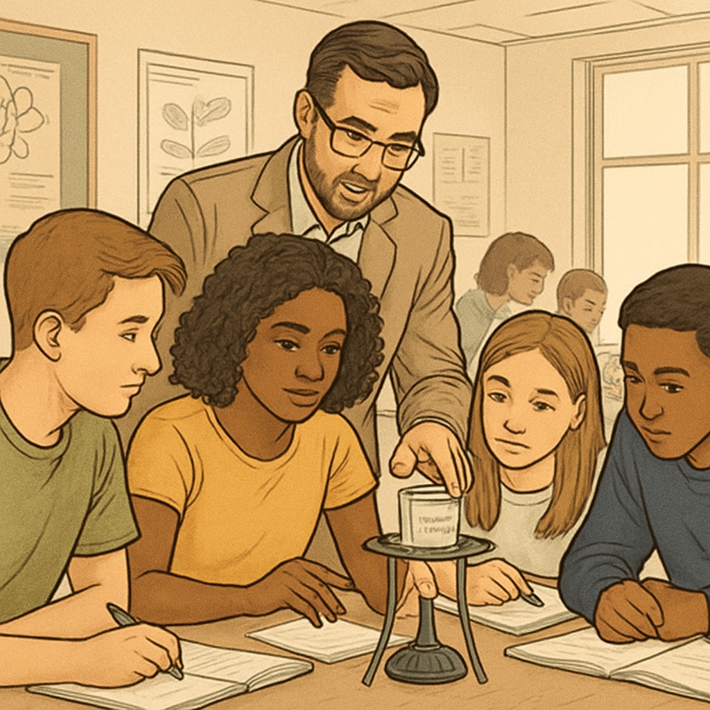 Students working collaboratively in groups during a high school science experiment, with a teacher offering individualized support. High school students collaborating during a science experiment.