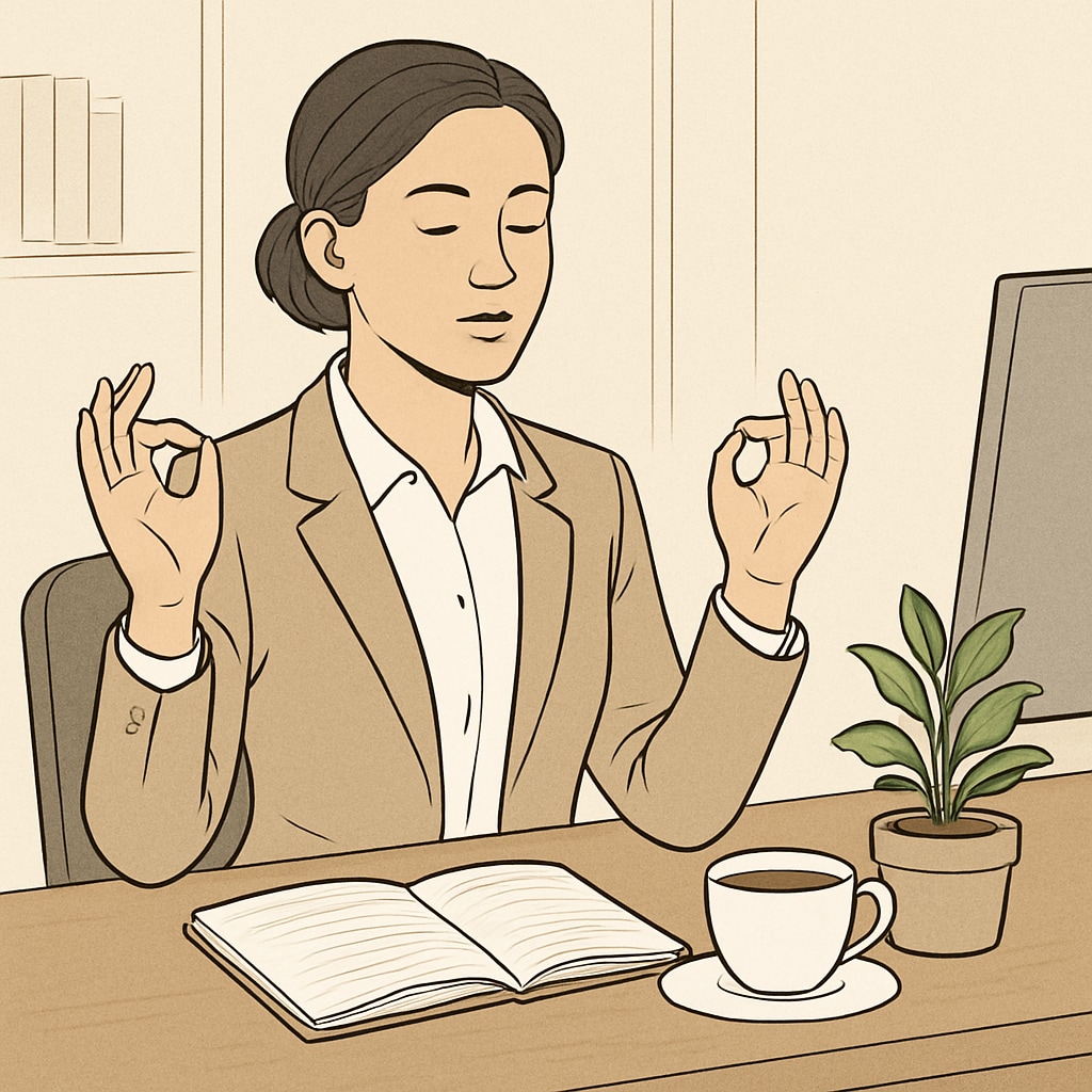 A businesswoman practicing mindfulness techniques at her workspace, inspired by Sadhguru’s teachings on resilience and focus. Female entrepreneur practicing mindfulness techniques influenced by Sadhguru.