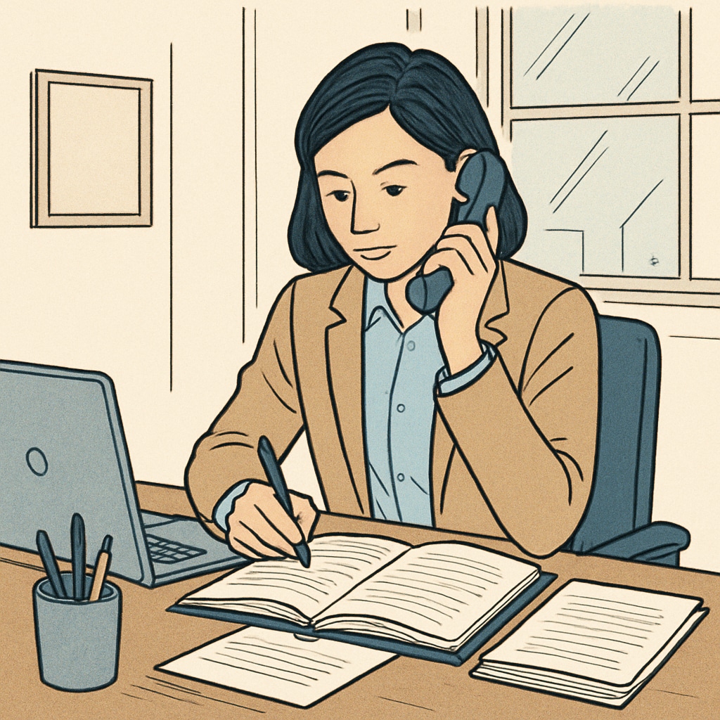 A professional student balancing work and study, sitting with a laptop and notes in an office setting. A professional juggling work and study while pursuing a master’s degree.