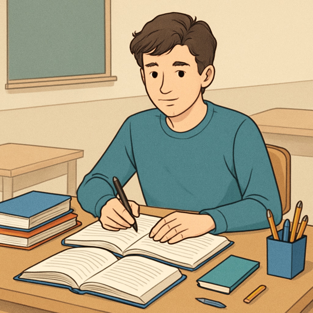 A young adult sitting at a desk with study materials, symbolizing a fresh start in education. A young adult engaging in study, representing education recovery in the UK.