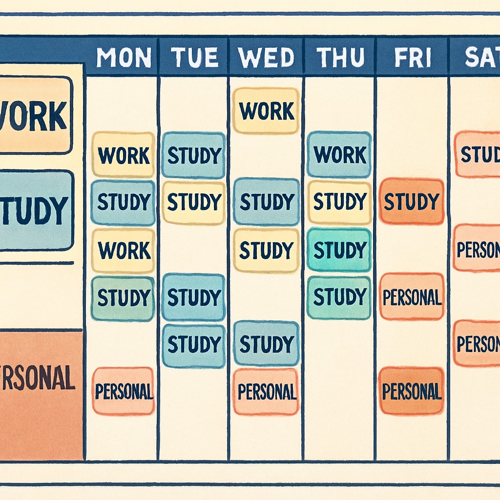 A calendar or planner showcasing a detailed schedule of work, study, and personal time. A detailed planner illustrating time management for work and study balance.