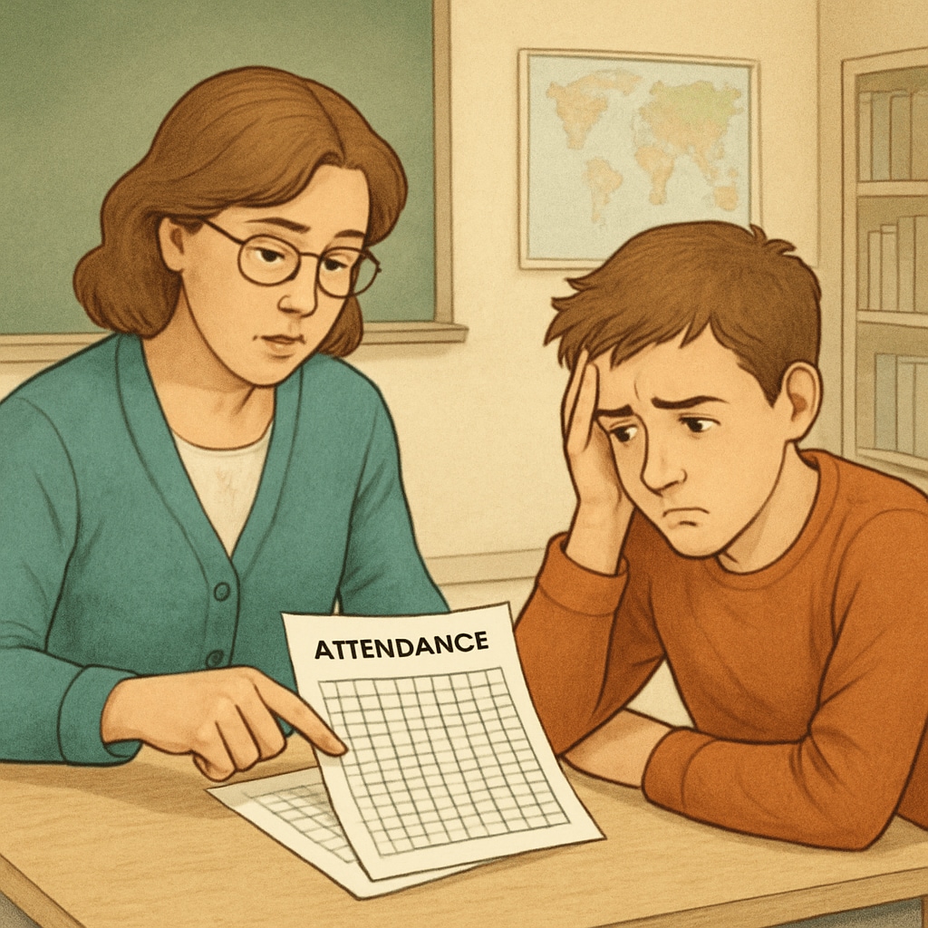 A concerned teacher reviewing attendance records alongside a visibly stressed student in a classroom setting. Teacher reviewing attendance records with a stressed student, related to strict attendance policies.