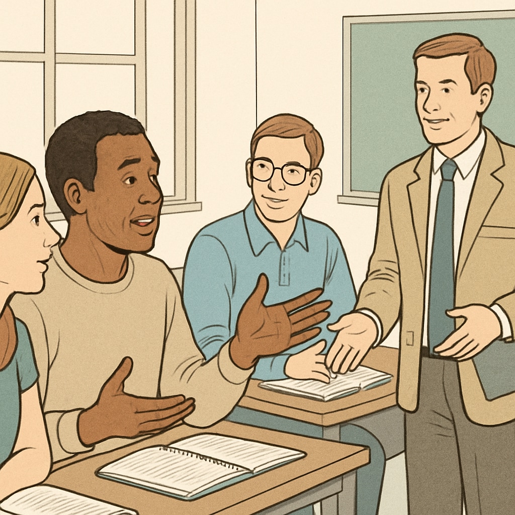 An adult learner attending a workshop or class, engaging with peers and teachers. An adult learner in a classroom environment, emphasizing the return to education.