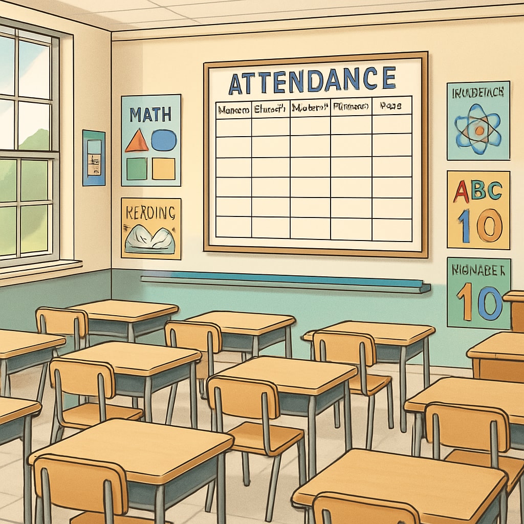 An empty classroom with an attendance chart prominently displayed on the wall, symbolizing the focus on attendance tracking. Empty classroom with an attendance chart, representing school attendance rules.