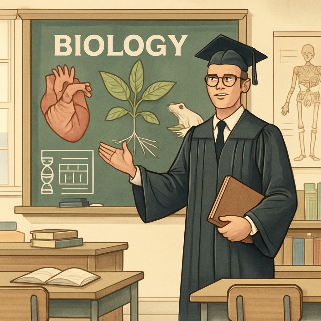 Biology graduate presenting an educational project in a classroom.