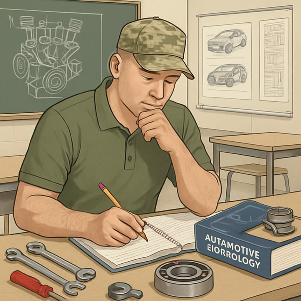 A military veteran studying automotive technology at a university, symbolizing the transition to advanced education. Military veteran studying automotive technology for a bachelor’s degree.