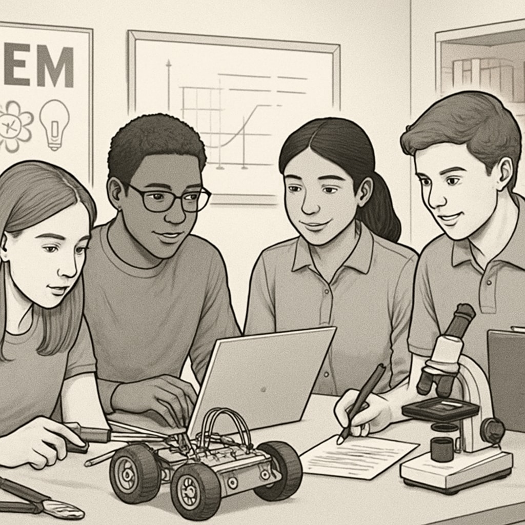 A group of students collaborating on a STEM education project, illustrating interdisciplinary teamwork. Students working on a STEM project, highlighting the combination of technical and teaching skills.