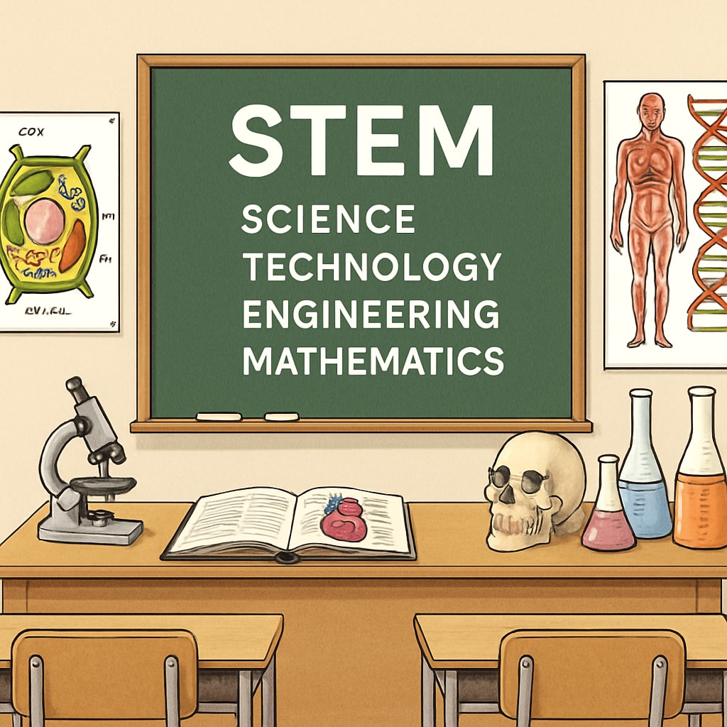 Classroom with STEM-themed teaching aids for biology-based education.