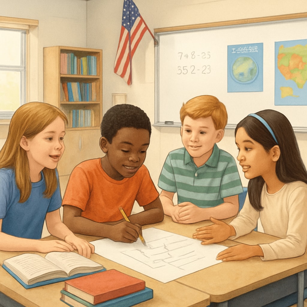 US classroom with diverse students working together, reflecting resource allocation and equity.