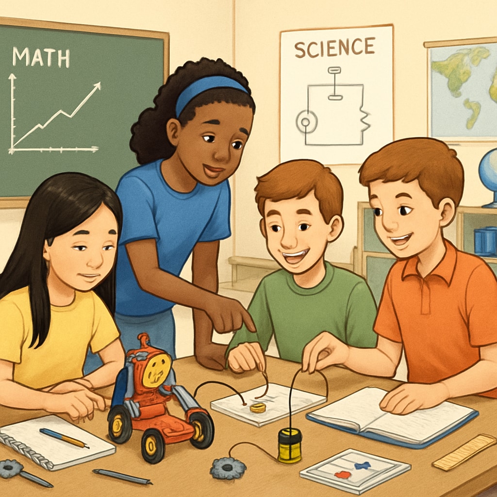A classroom with students engaging in a collaborative STEM project, illustrating active learning. Students in a classroom working on a STEM project to improve academic motivation.