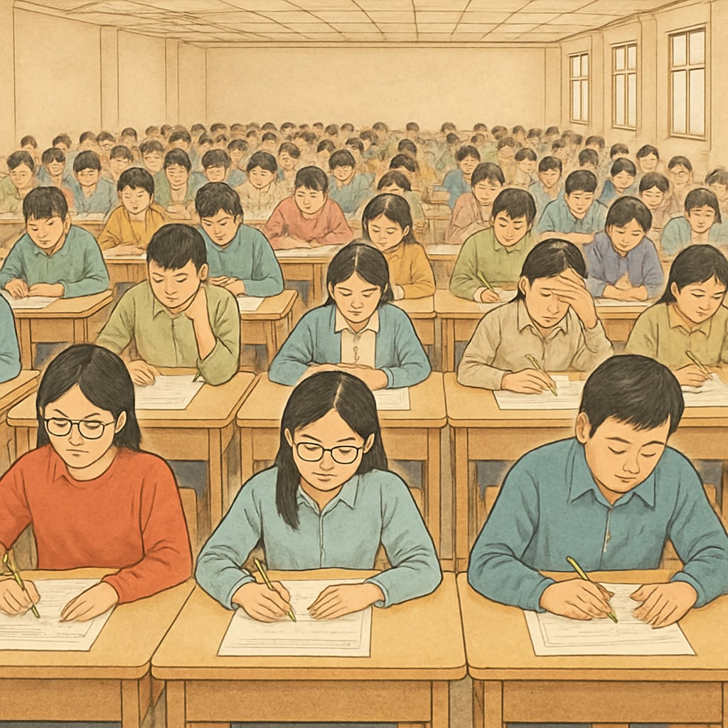 Chinese examination hall filled with students, highlighting the focus on test scores.