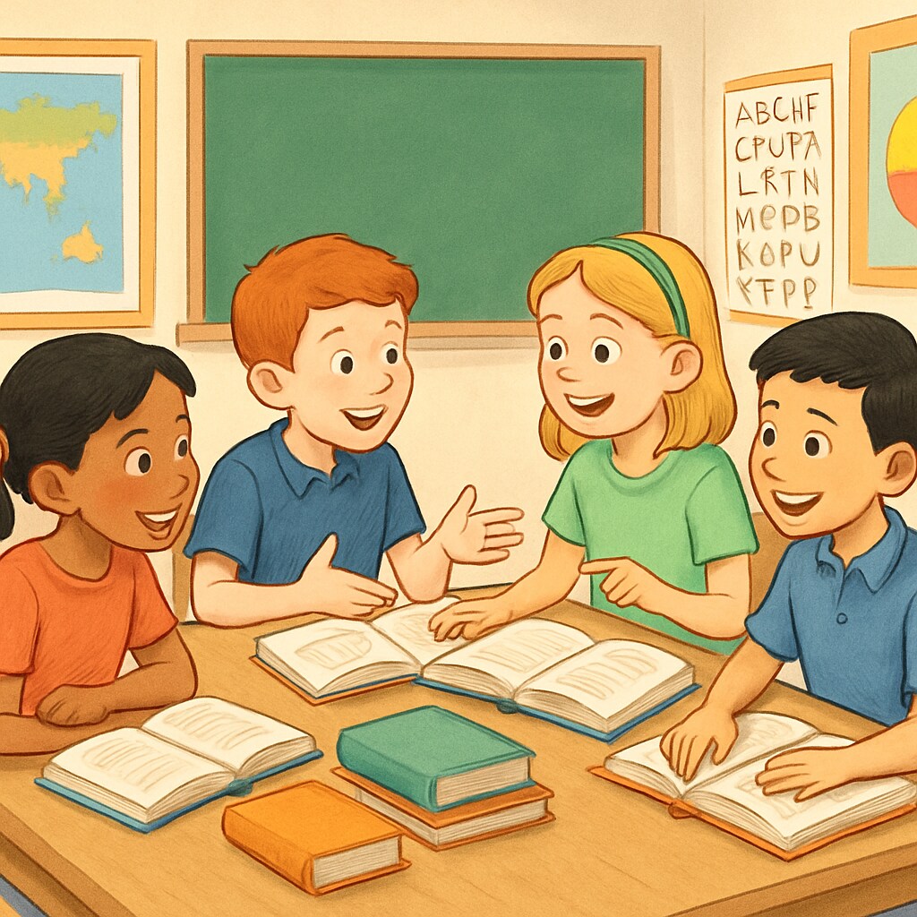 A group of elementary students eagerly discussing books in a classroom setting. Students discussing books, enhancing reading comprehension and motivation.
