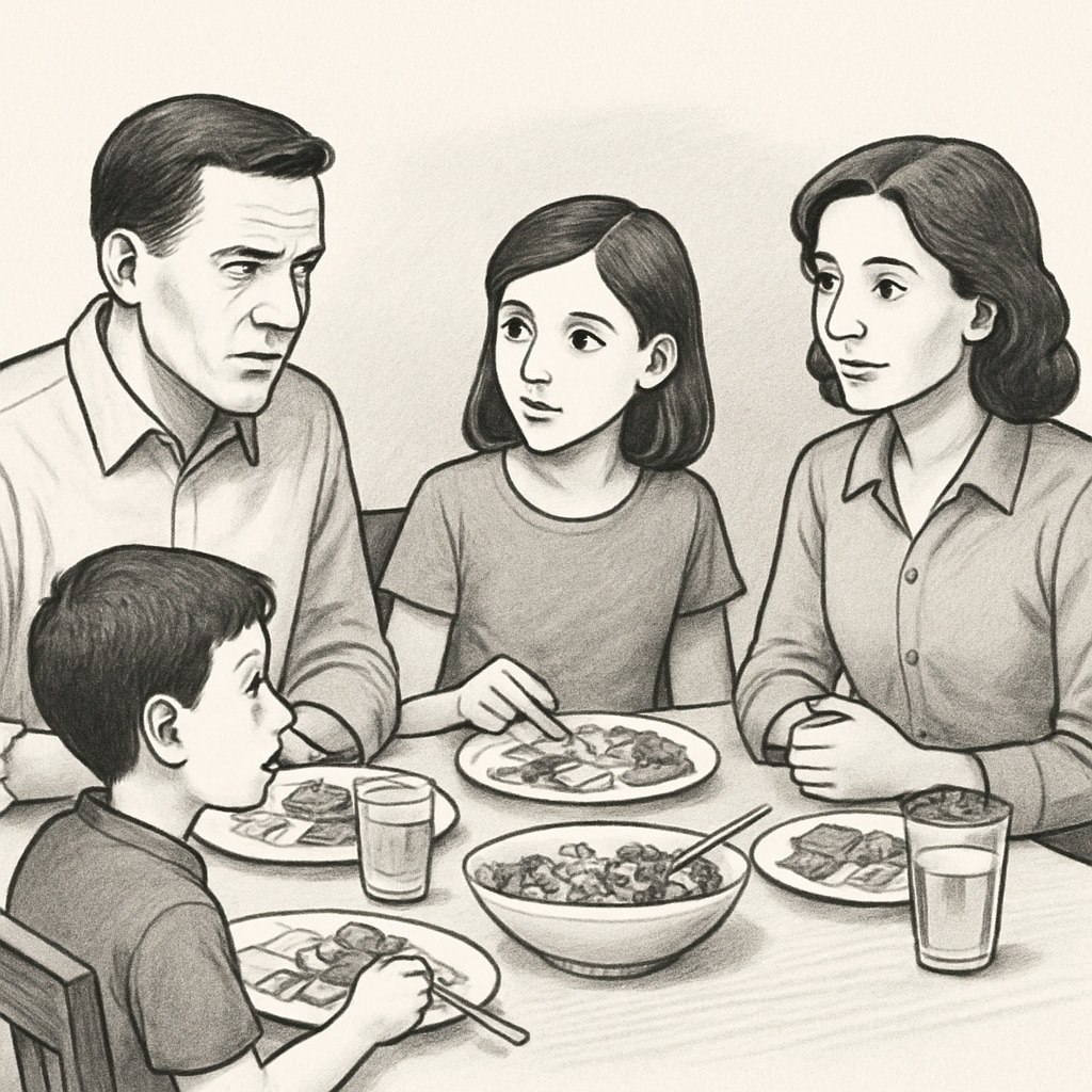 A family sitting together during a meal, engaging in a meaningful discussion. A family discussing daily challenges and goals to improve communication and support.