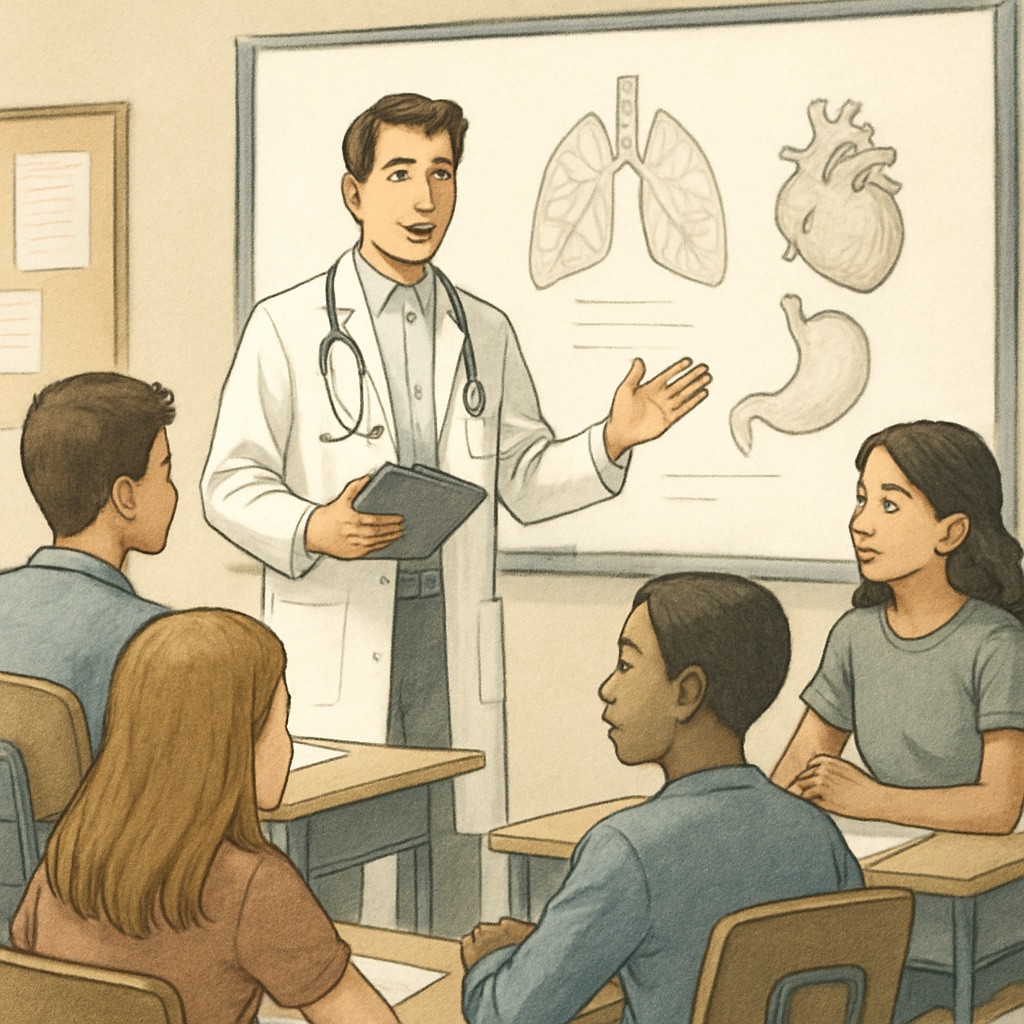 A medical student giving a presentation to a group of high school students in a classroom setting. The image depicts a professional yet approachable atmosphere. Medical students leading high school mental health assembly