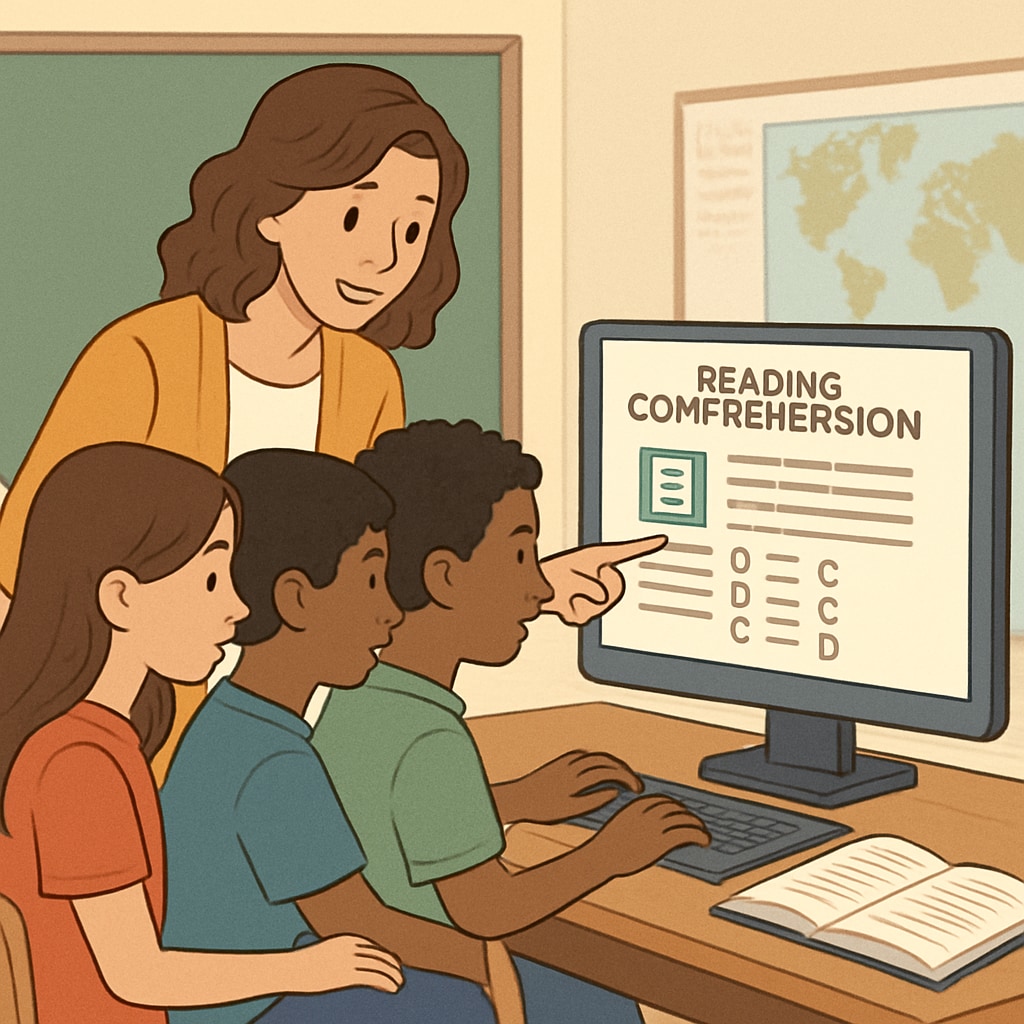 A teacher guiding students through an online reading comprehension platform on a computer. Teacher assisting students with a reading comprehension platform, similar to A.R.