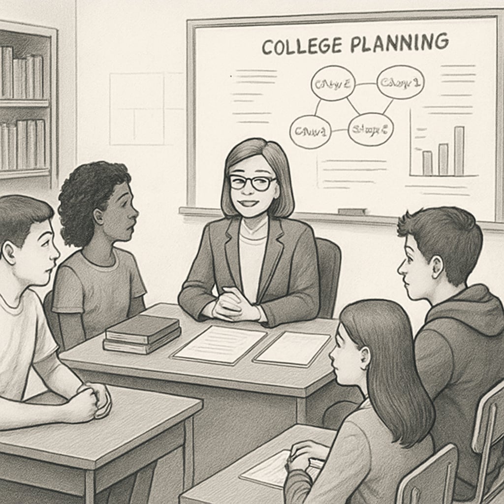 A professional advisor meeting with high school students to discuss college options, representing consultation opportunities for K12 students. California University advisor consulting with students about academic planning.