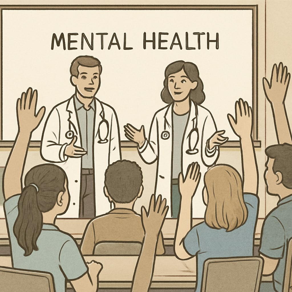 A group of students raising their hands during an interactive mental health session led by medical students. The image illustrates active participation and engagement. Students engaged in mental health session with medical students