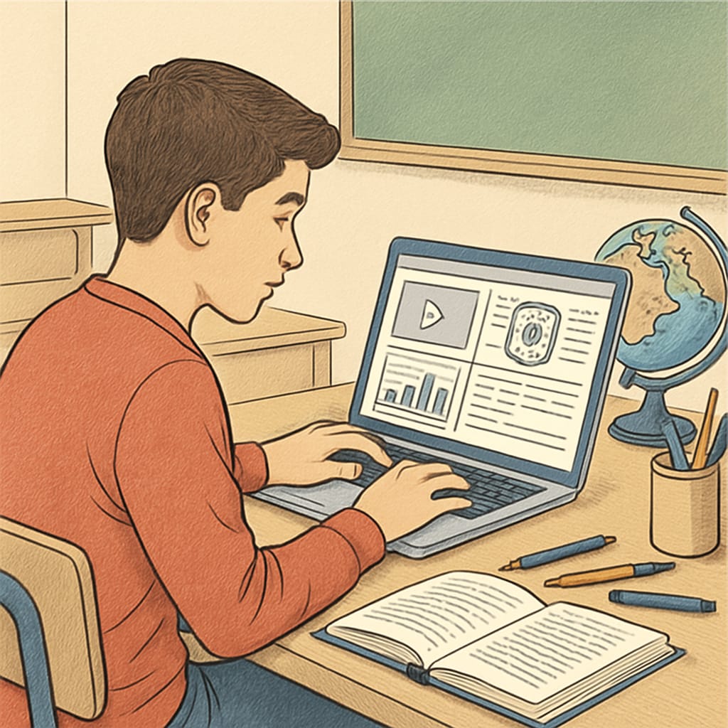 A high school student browsing an online learning platform on their laptop, with educational tools visible on the screen. High school student using an online platform for educational courses and resources.