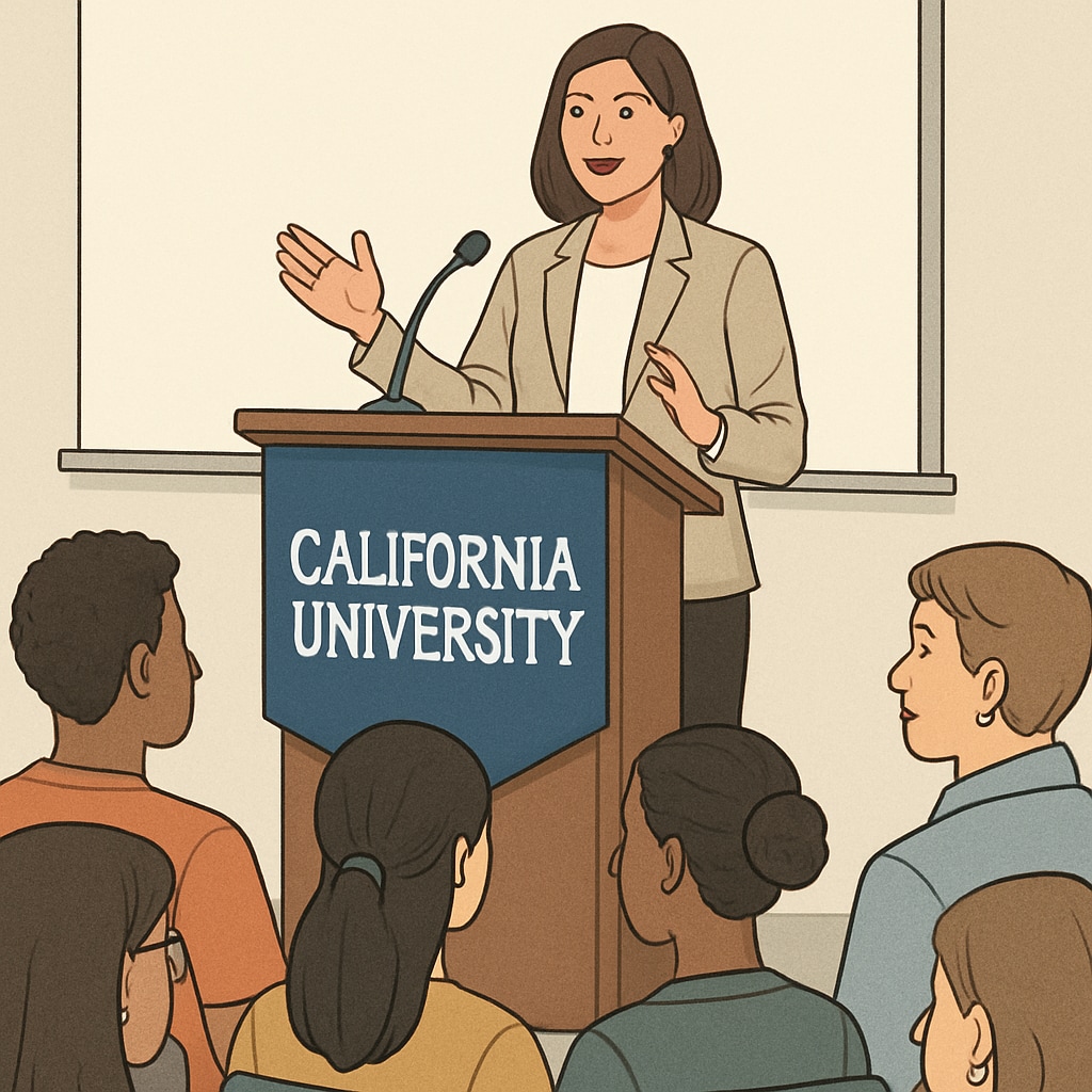 A California University admissions officer speaking at a community outreach event, showcasing opportunities for direct interaction with university staff. Admissions officer from California University at a student-focused event.