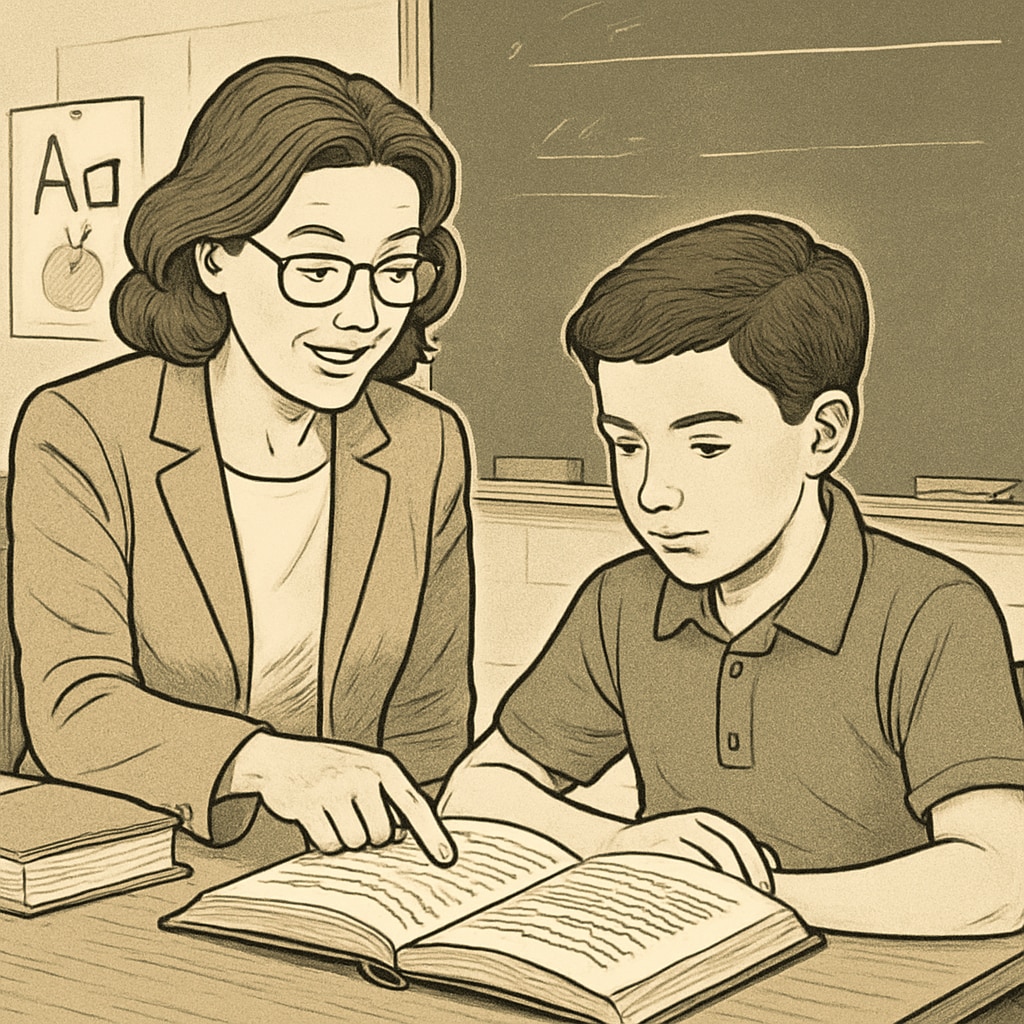 Teacher and student discussing a reading text to improve comprehension and assess text complexity.
