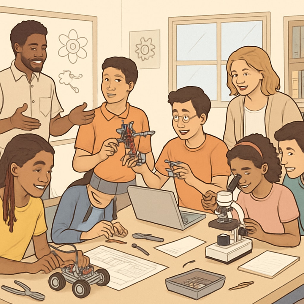 A group of high school students participating in a STEM workshop at a community center, interacting with instructors and peers. High school students attending a community-based STEM workshop to enhance learning skills.