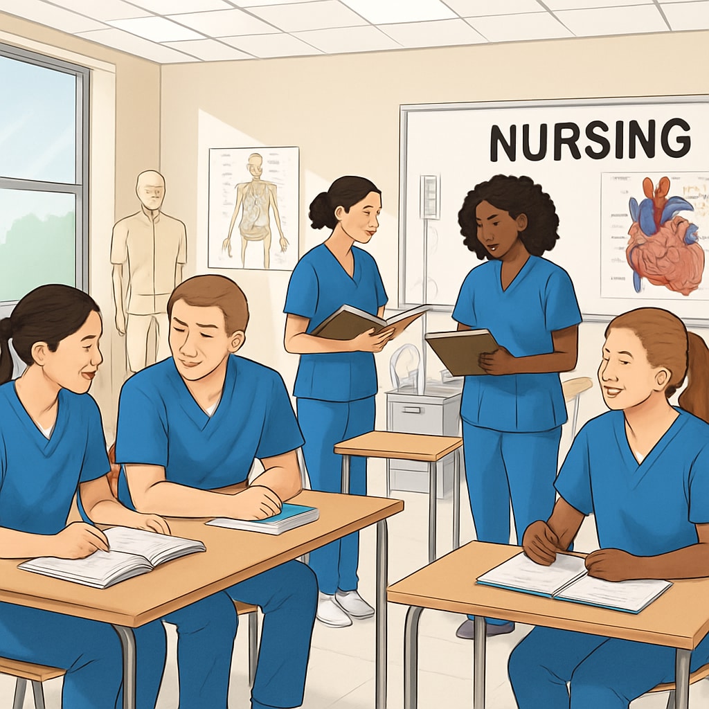 Nursing students in a classroom balancing academics and social life.