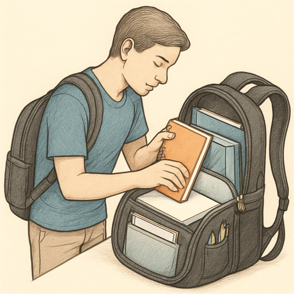 A student organizing their college backpack with multiple compartments and ergonomic straps. A student organizing their college backpack for functionality and comfort.
