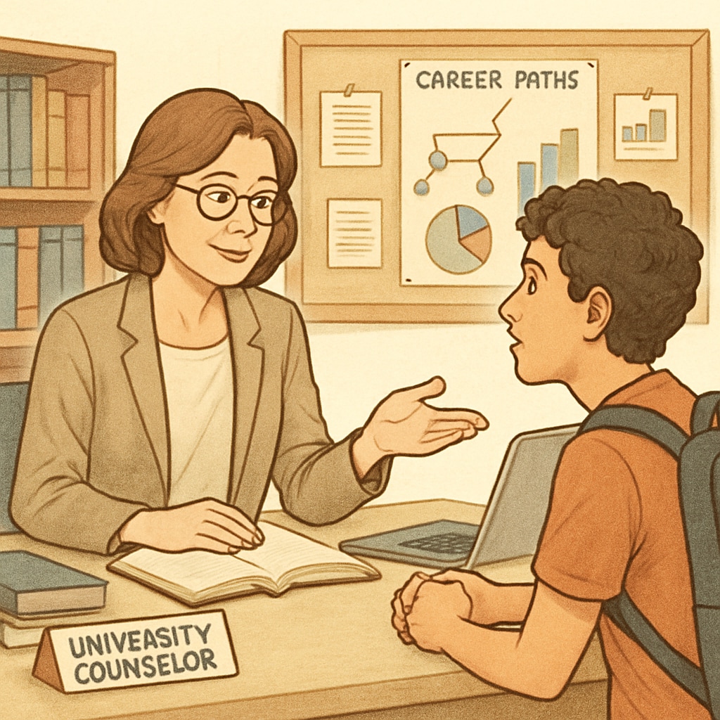 A university counselor providing career advice to a student, representing robust support systems. Counselor guiding a student, showcasing support systems in higher education.