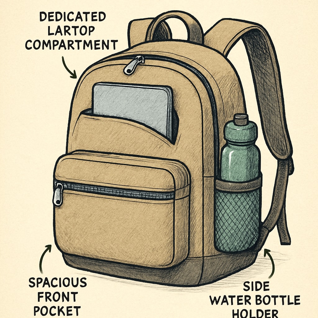 A durable, spacious college backpack with a laptop compartment and side water bottle holder. A durable college backpack with ample storage and ergonomic features.