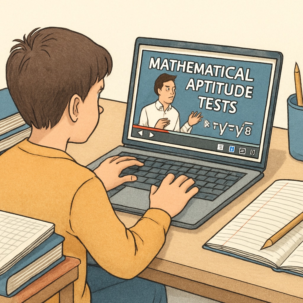 A student using a laptop to watch a YouTube tutorial on mathematical aptitude tests. Student preparing for mathematical aptitude tests with YouTube resources.