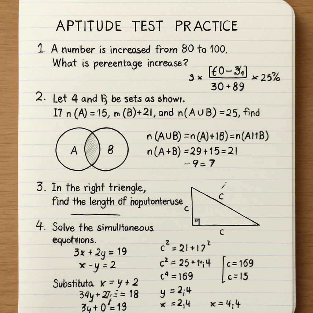 A notebook with hand-written math problems and solutions for aptitude test practice. Notebook showing solved mathematical problems for aptitude test preparation.