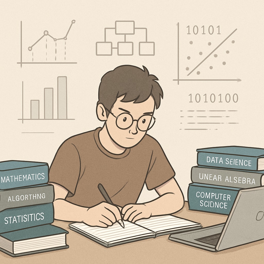 A student studying mathematics and computer science materials, symbolizing academic preparation for data science programs. An international student preparing for U.S. data science admissions by studying STEM subjects.