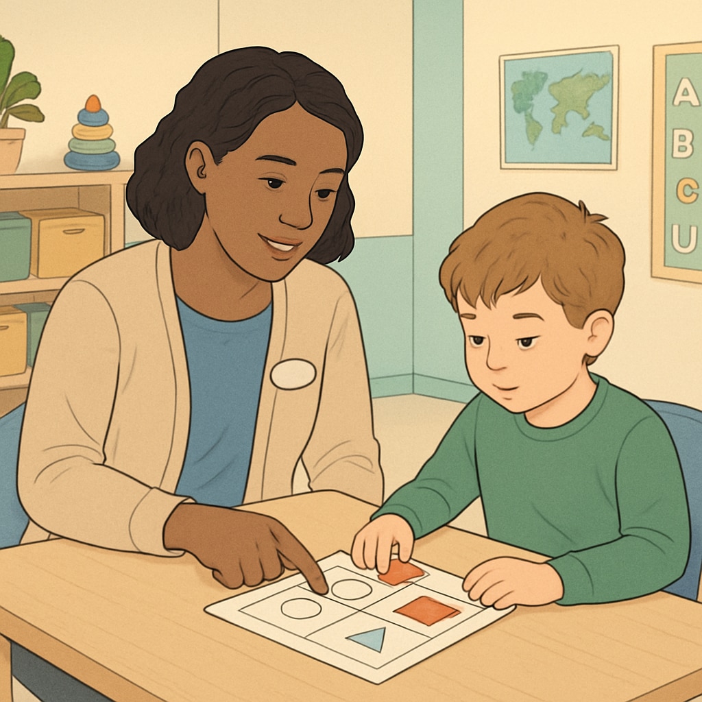 A teacher assistant working one-on-one with a young child in a sensory-friendly classroom setting. Special education teacher assistant helping a child with autism.