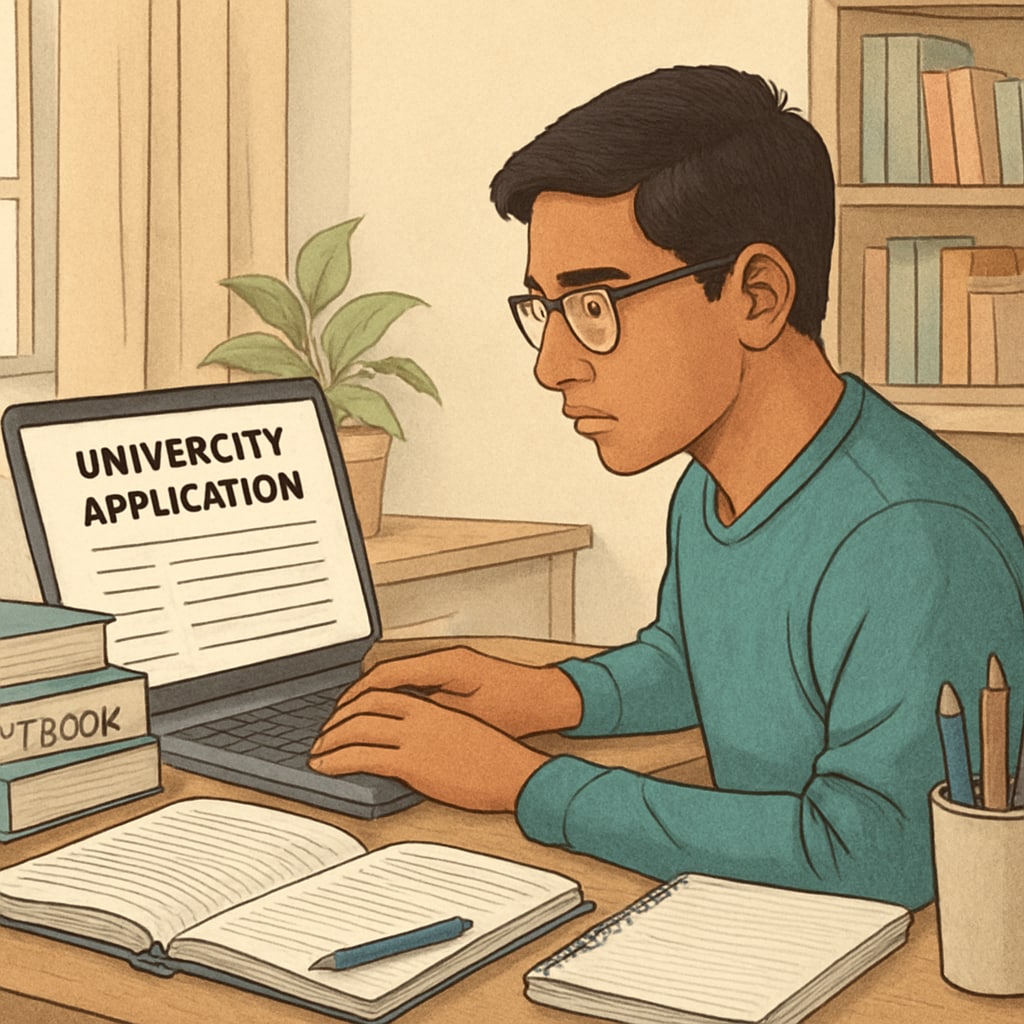 An international student working on their university application online, surrounded by study materials. A student completing their U.S. university application for a data science degree.