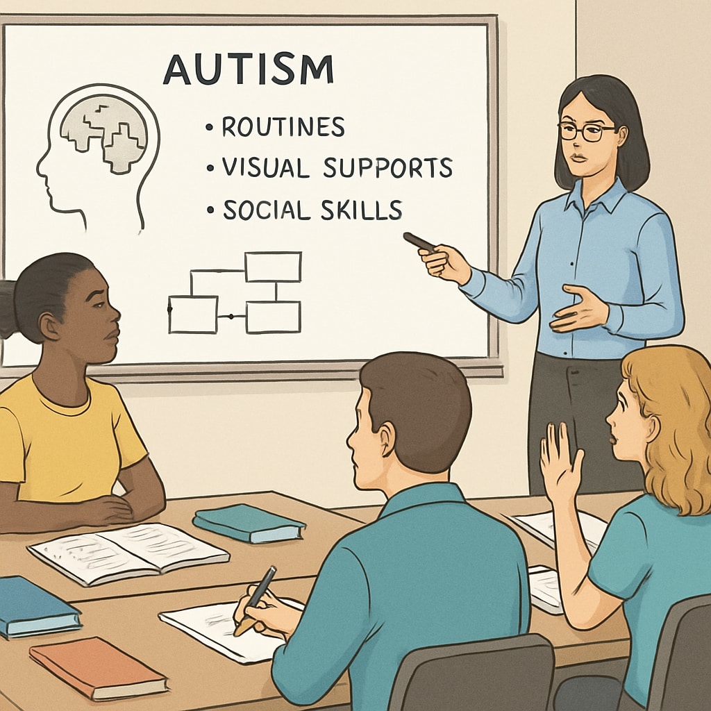 A professional workshop where teacher assistants are learning about autism-specific teaching strategies. Teacher assistants in a workshop about autism education strategies.