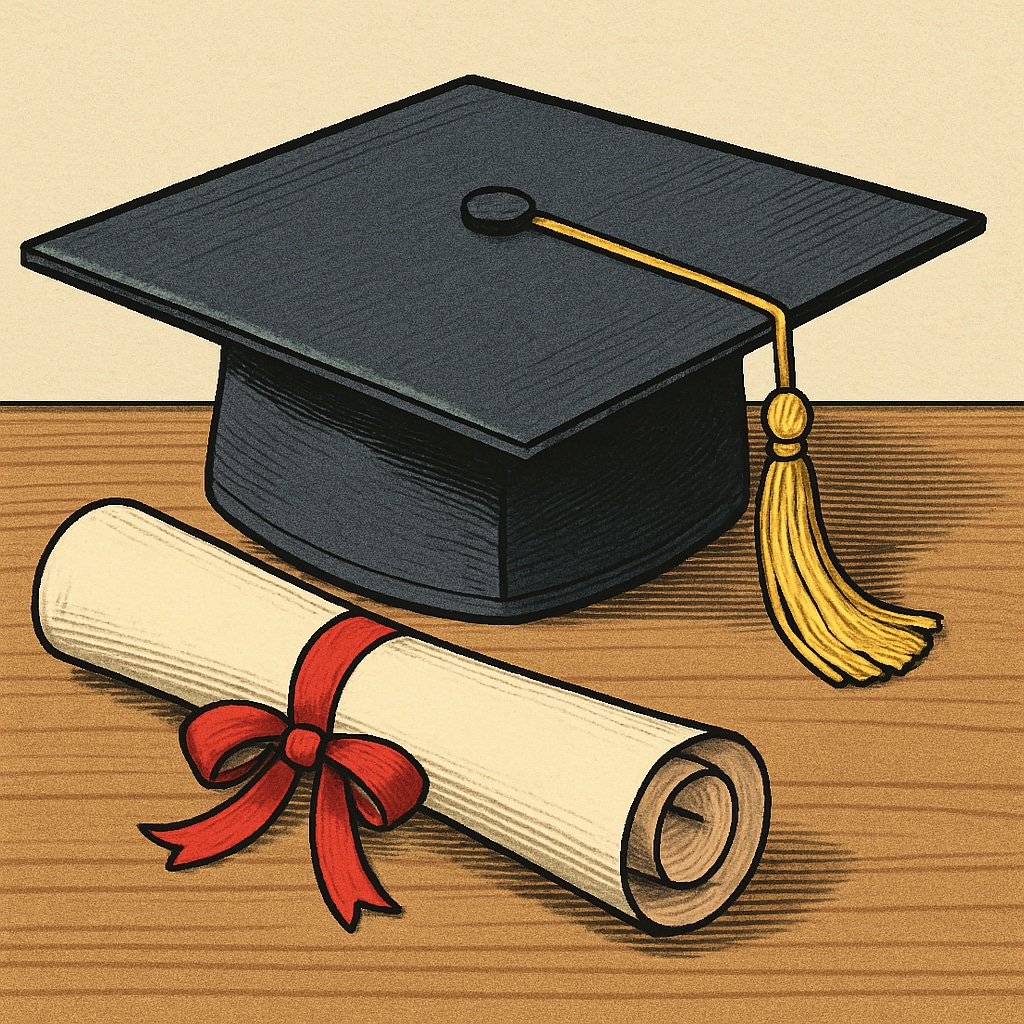 Graduation cap and diploma representing academic success.