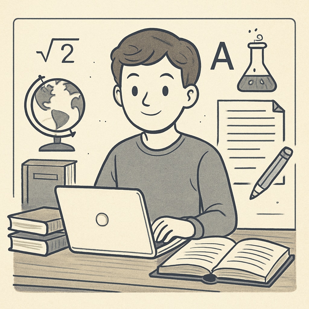 A young person sitting at a desk with books and a laptop, symbolizing the process of restarting their education. A young person planning their education reengagement in the UK.