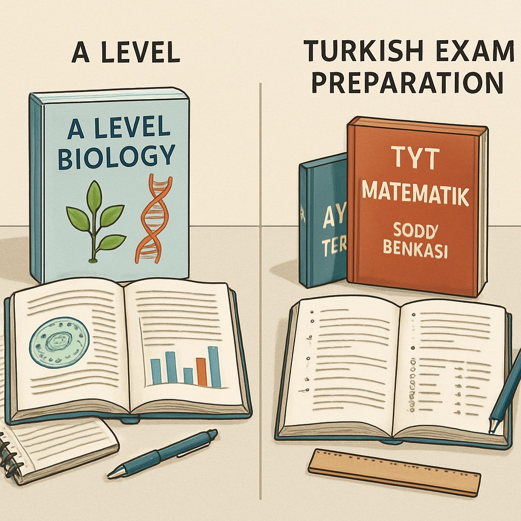 An image comparing A Level study materials and Turkish exam preparation books, illustrating the difference in educational focus. Comparison of A Level materials and Turkish exam books, highlighting different approaches to learning.