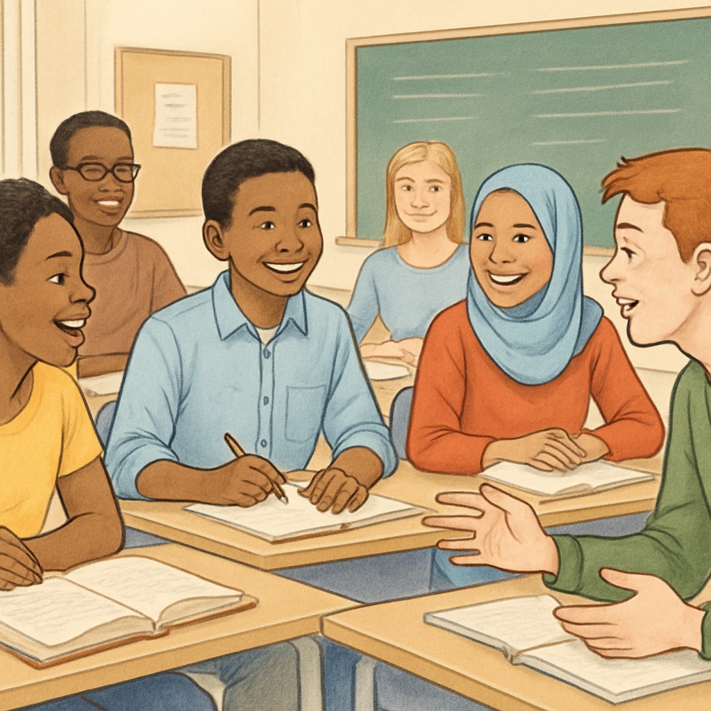 A diverse group of learners in a classroom setting, engaged in discussion and collaborative learning. A classroom of diverse learners participating in education after interruptions in the UK.