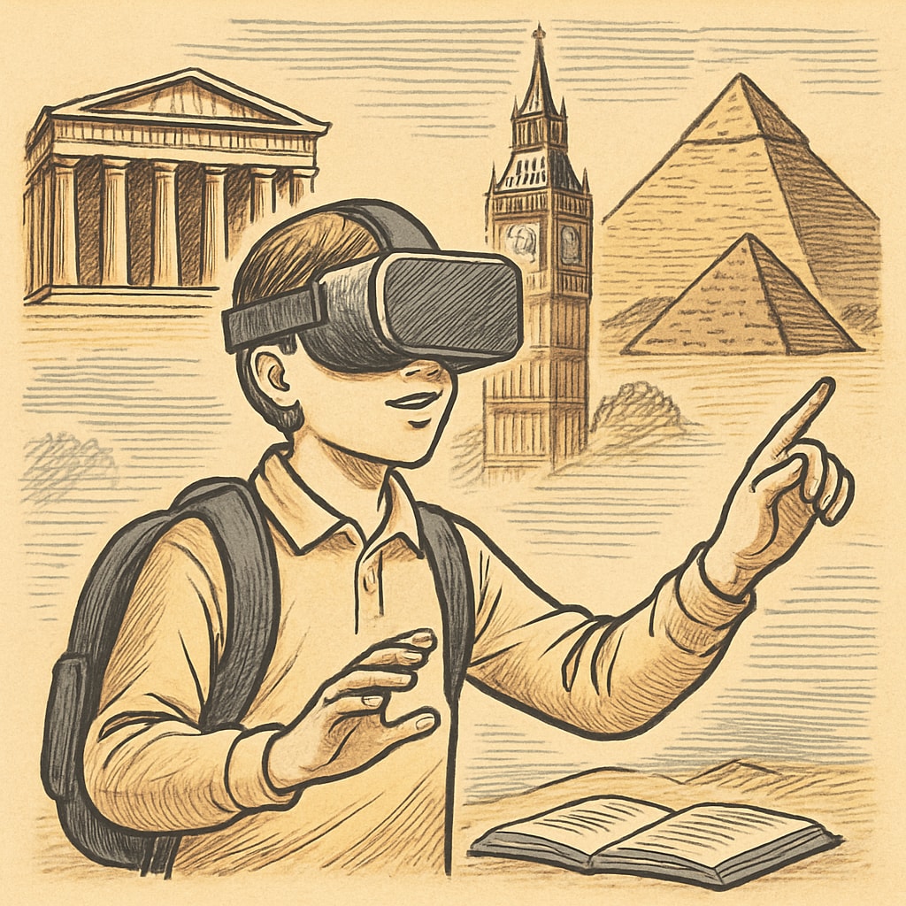 Student exploring historical landmarks using VR in a gamified learning setup.