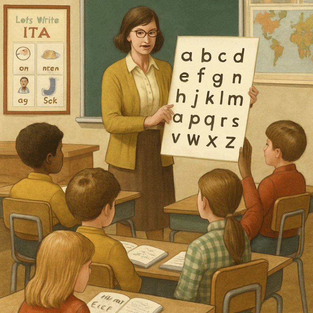 A classroom in the 1970s with children learning to read using the Initial Teaching Alphabet. The teacher is holding up an ITA chart while students follow along. Children in a 1970s classroom learning the Initial Teaching Alphabet with their teacher.