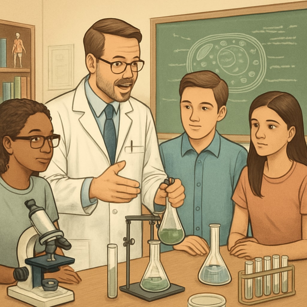 High school biology teacher conducting a lab experiment, showcasing STEM education.