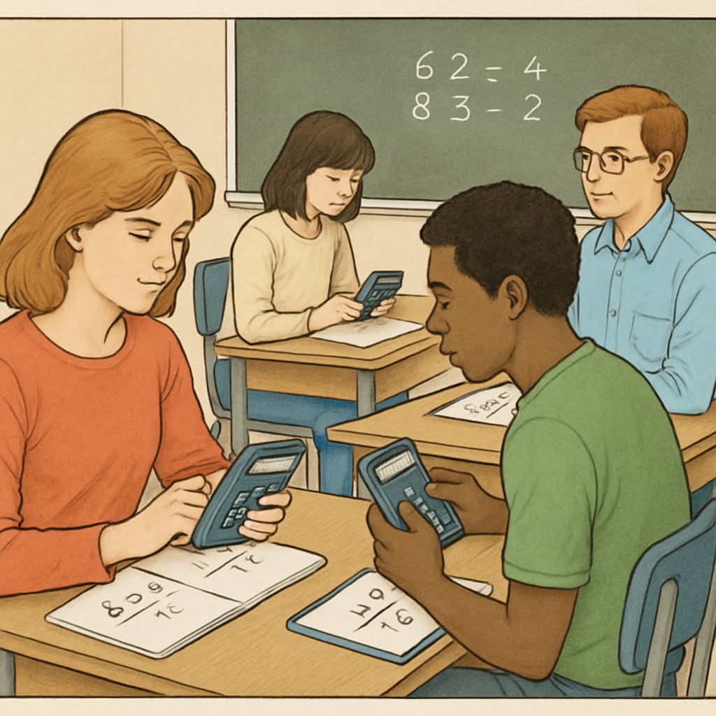Students exploring math concepts with RPN calculators like HP 11c.