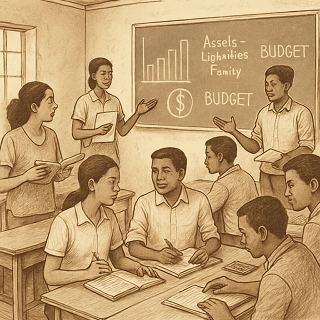 A classroom in a developing country featuring finance students engaged in a workshop, emphasizing the challenges in financial education. Finance students in a workshop discussing career development and education.